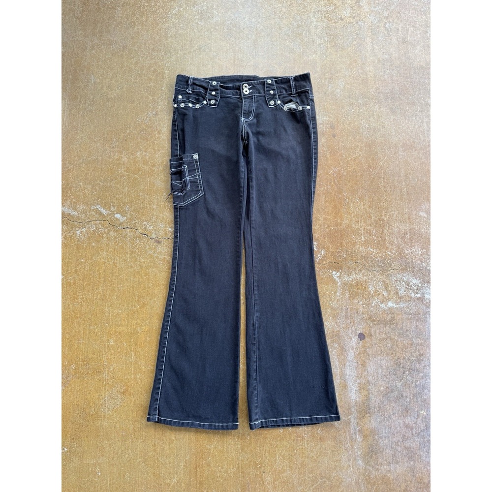 VTG BONGO Low Rise Flared Black Y2K Denim Grunge Edgy Pants Goth WMS 32x30